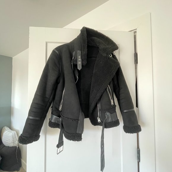 Zara Faux Shearling Aviator Jacket Moto - Picture 1 of 7